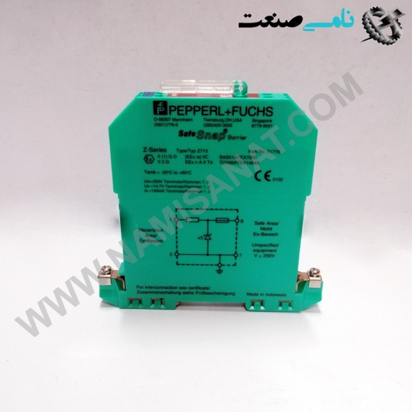 Z715, Z715,Z71,Z7,Z, ,نامی صنعت,تجهیزات صنعتی برق صنعتی,namisanat,نامی صنعت,تجهیزات صنعتی,نمایندگی فروش سایر برند ها,نمایندگی فوش ایر برند های ABB,IFM,ind.power,برق صنعتی ,ind,power,برق, صنعتی ,relay,رله,Zener Barrier Z715,1-channel DC version, positive polarity, Working voltage 13 V at 10 µA, Series resistance max. 107 Ω, Fuse rating 100 mA, DIN rail mounting,General specifications, Type DC version, positive polarity, Electrical specifications, Nominal resistance 100 Ω, Series resistance max. 107 Ω, Fuse rating 100 mA, Hazardous area connection, Connection terminals 1, 2, Safe area connection, Connection terminals 7, 8, Working voltage, Supply loop max. 13.3 V,Measurement loop max. 13 V at 10 µA, Conformity, Degree of protection IEC 60529, Ambient conditions, Ambient temperature -20 ... 60 °C (-4 ... 140 °F), Storage temperature -25 ... 70 °C (-13 ... 158 °F), Relative humidity max. 75 % , without condensation, Mechanical specifications, Degree of protection IP20, Connection screw terminals, Core cross-section max. 2 x 2.5 ... mm2, Mass approx. 150 g, Dimensions 12.5 x 115 x 110 mm (0.5 x 4.5 x 4.3 inch), Construction type modular terminal housing , see system description, Mounting on 35 mm DIN mounting rail acc. to EN 60715:2001,
