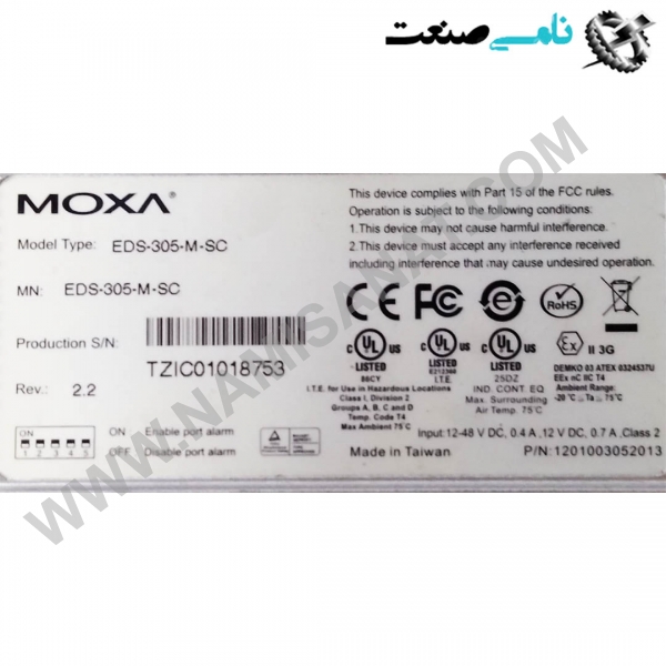 EDS-305-M-SC, واردات قطعات ,PEPERL FUCHS نامی صنعت,تجهیزات صنعتی,نمایندگی فروش سایر برند ها,نمایندگی فوش ایر برند های ABB,NAMISANAT,IFM,پترو شیمی ,فولاد,شرکت بازرگانی,نامی ,صنعت, سسایر سیستم ها,سیستم ها ,وکانکتور,مانیتور  ind.electronics,الکترونیک صنعتی,Encoders MEASUREMENT ,&INSTRUMENT,اندازه گیری و ابزار دقیق ind.power,برق صنعتی , Induction welding,,جوش القایی, hydraulic-pneumatic,,هیدرولیک   EDS-305-M-SC,EDS-305-M-S,EDS-305-M-,EDS-305-M,EDS-305-,EDS-305,EDS-30,EDS-3,EDS-,EDS, OXA,IND.AUTOMATION,5-port unmanaged Ethernet switches,Relay output warning for power failure and port break alarm,Broadcast storm protection, 40 to 75°C wide operating temperature range (-T models),NAMISANAT.CO,https:,https:,,www.namisanat.com,per, هشدار خروجی رله برای قطع برق و آلارم قطع پورتو,سوئیچ‌های اترنت ,حفاظت از طوفان پخش,غیرمدیریتی ۵ پورتاتومای,سیون ,محدوده دمای عملیاتی گسترده ۴۰ تا ۷۵ درجه سانتیگراد (مدل‌های -T), صنعتی,موکسا,مکسا  EDS-305-M-SC یک سوئیچ اترنت صنعتی 5 پورت از سری EDS-305 شرکت MOXA است. این سوئیچ برای استفاده در محیط‌های صنعتی سخت طراحی شده و دارای ویژگی‌هایی مانند هشدار قطع برق و پورت، نصب آسان بر روی DIN-Rail و بدنه مقاوم است. این مدل همچنین دارای دو ورودی برق و یک خروجی رله برای هشدار است.  سوئیچ اترنت صنعتی: این سوئیچ‌ها برای کاربرد در محیط‌های صنعتی با شرایط سخت مانند دما، لرزش و نویز طراحی شده‌اند.  5 پورت: دارای 5 پورت اترنت 10,100BaseT(X) برای اتصال دستگاه‌های مختلف به شبکه.  هشدار قطع برق و پورت: دارای رله هشدار است که در صورت قطع برق یا قطع شدن پورت‌ها، توسط یک سیگنال هشدار می‌دهد تا اپراتورها از بروز مشکل آگاه شوند.  نصب آسان: قابلیت نصب بر روی DIN-Rail را دارد که نصب آن را در تابلوهای برق صنعتی ساده می‌کند.  بدنه مقاوم: طراحی شده برای مقاومت در برابر شرایط سخت محیطی مانند لرزش، ضربه، و دمای بالا.  دو ورودی برق: دارای دو ورودی برق مجزا (PWR1 و PWR2) برای افزایش قابلیت اطمینان و جلوگیری از قطع شدن سوئیچ در صورت قطع برق یکی از منابع.  خروجی رله: یک خروجی رله برای اتصال به سیستم‌های هشدار یا کنترل خارجی در صورت بروز خطا در سوئیچ یا پورت‌ها.  استانداردها: مطابق با استانداردهای صنعتی مانند FCC, TÜV, UL و CE است.  دمای کارکرد: دارای دو مدل با محدوده دمای کاری متفاوت است: 0 تا 60 درجه سانتیگراد و -40 تا 75 درجه سانتیگراد.  تست burn-in: تمام سوئیچ‌ها قبل از عرضه به بازار، تست burn-in 100% را پشت سر می‌گذارند تا از عملکرد صحیح آنها در شرایط سخت اطمینان حاصل شود.